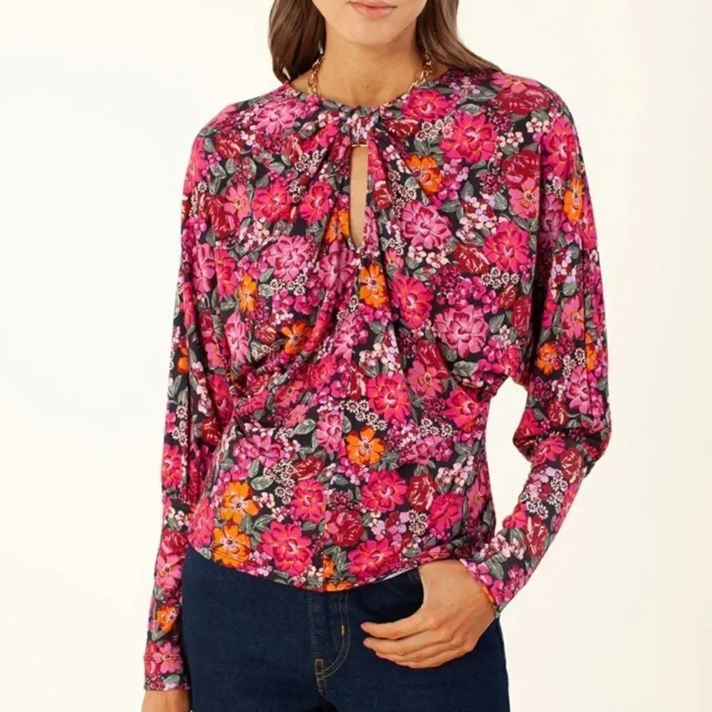 Hale Bob Los Angeles Pink Floral Keyhole Twist Long Sleeve Blouse Top Medium